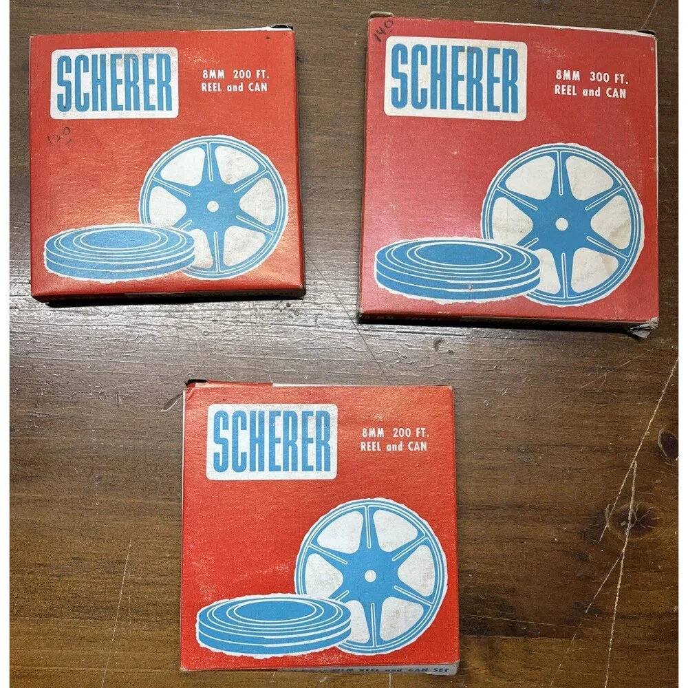 Lot Of 3 Scherer 8 mm (2)200 ft. (1)300 ft. Can And Reel Original Boxes -1 Reel